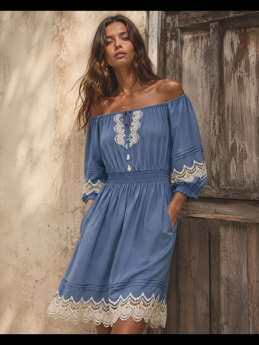 Bebe Cottagecore Lace Trim Cold Shoulder Dress Fairycore Boho Off Shoulder Blue